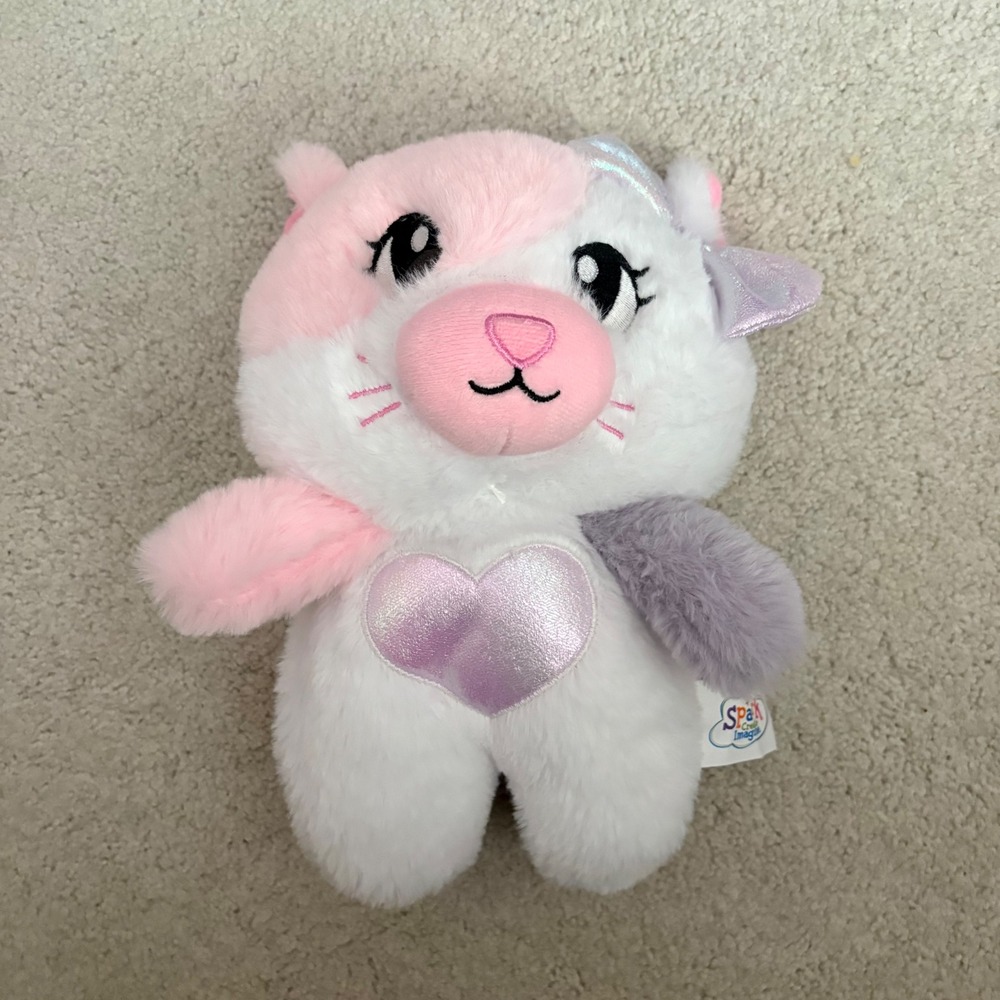 Spark Create Imagine Plush Cat Stuffed Animal Heart Bow Pink White Purple 9in